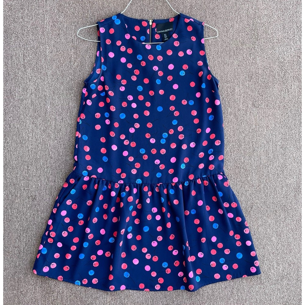 cynthia rowley mini dress navy blue cherry print sleeveless size 4